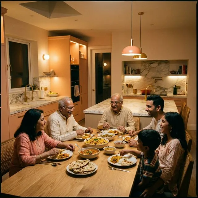 Happy Indian family enjoying a planned dinner