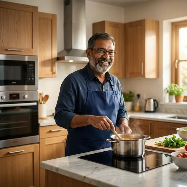 Warm portrait of an Indian home cook holding a plate of food