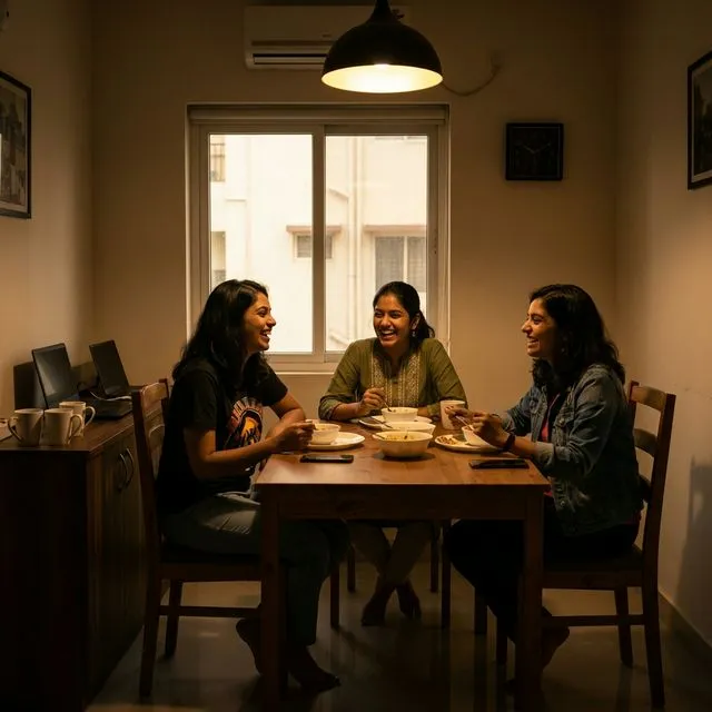 Indian software engineering freshers enjoying a meal in their flat